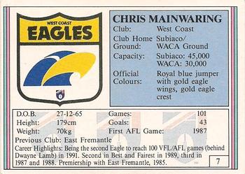 1992 AFL Regina #7 Chris Mainwaring Back